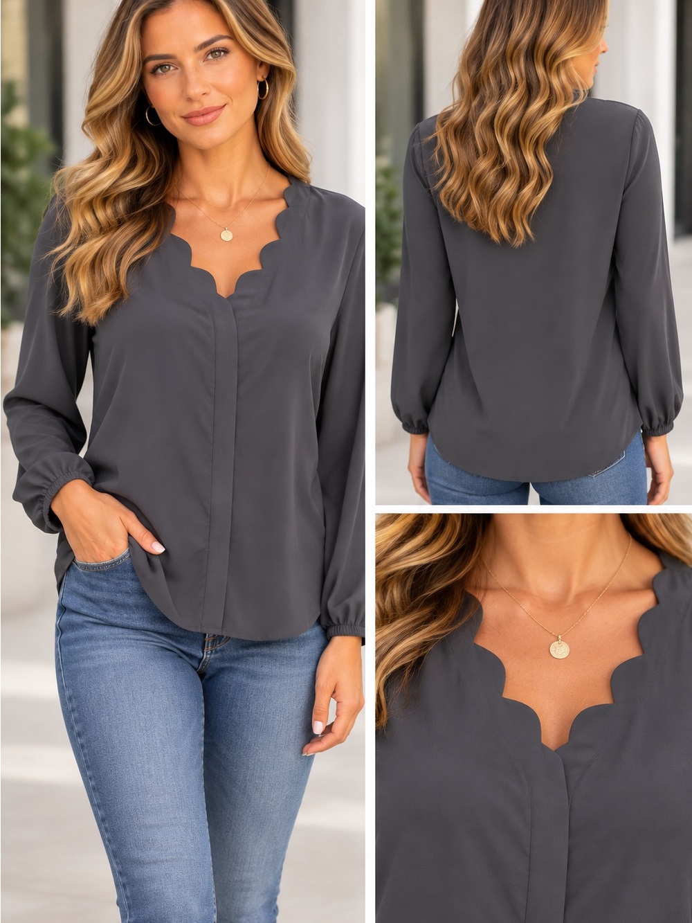 🆕🎉NWT 41 Hawthorn Charcoal Scallop V-Neck Long-Sleeve Blouse